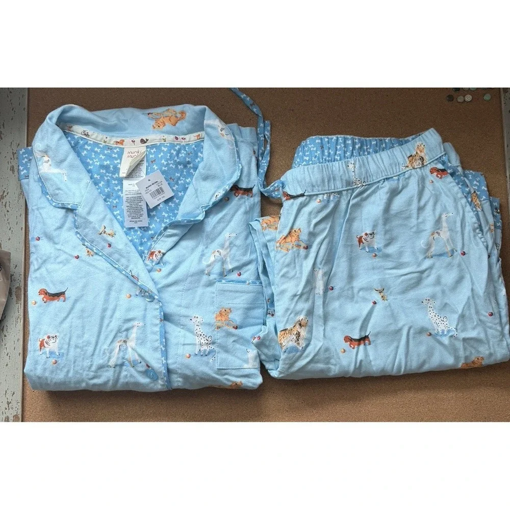 NWT Munki Munki Womens Blue Dogs‎ Notch Flannel Pajama Set XXL  Classic Cozy